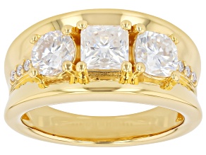Moissanite 14K Yellow Gold Over Sterling Silver Three stone Ring 1.86ctw DEW.