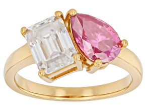 Pink And Colorless Moissanite 14k Yellow Gold Over Sterling Silver Two Stone Ring 3.25ctw DEW.