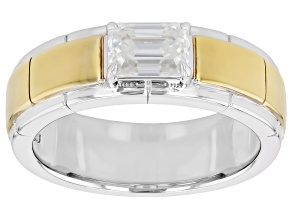 Emerald Cut Moissanite Platineve And14k Yellow Gold Over Silver Gents Ring 1.01ct DEW.
