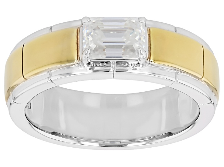 Emerald Cut Moissanite Platineve And 14k Yellow Gold Over Silver Gents Ring 1.01ct DEW.