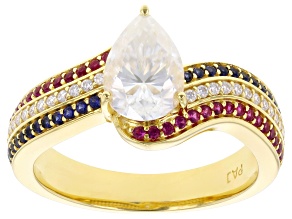 Moissanite With Lab Ruby And Lab  Blue Sapphire 14k Yellow gold Over Silver Ring 1.76ctw DEW