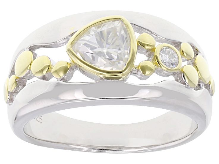 Moissanite Trillion And Round Platineve And 14k Yellow Over Silver Ring 0.76ctw DEW