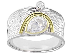 Moissanite Pear And Round Platineve And 14k Yellow Over Silver Ring 1.16ctw DEW