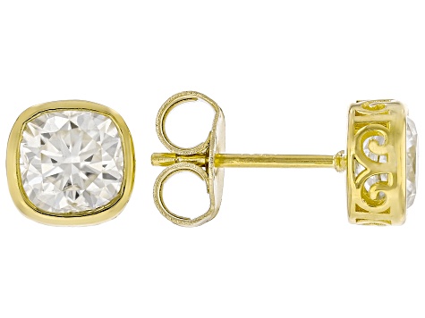 Square Cushion Moissanite 14k Yellow Gold Over Silver Stud Earrings 2.10ctw DEW.