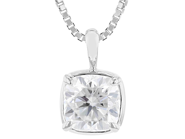 Square Cushion Moissanite Platineve Solitaire Pendant with Box Chain 2.00ct DEW