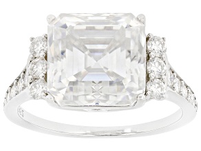 Asscher Cut And Round Moissanite Platineve Cockatil Ring 5.91ctw DEW