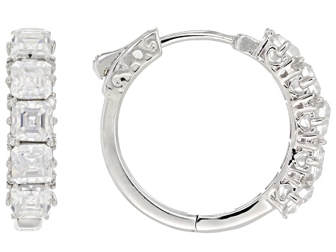 Asscher Cut And Round Moissanite Platineve Hoop Earrings 3.86ctw DEW.