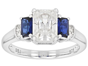 Moissanite with Blue Lab Created Sapphire Platineve 3 Stone Design Ring 1.90ctw DEW.