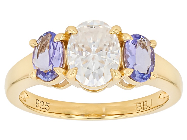 Moissanite and Tanzanite 14K Yellow Gold Over Silver Three Stone Ring 1.50ct DEW.