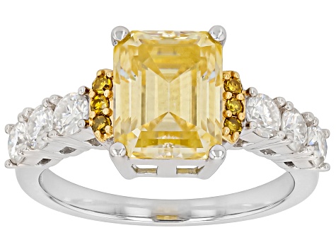 Yellow and Colorless Moissanite with Yellow Diamond Platineve Two Tone Ring 3.18ctw DEW.