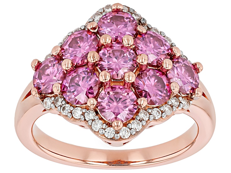 Colorless and Pink Moissanite 14k Rose Gold Over Sterling Silver Cluster Ring 2.35ctw DEW