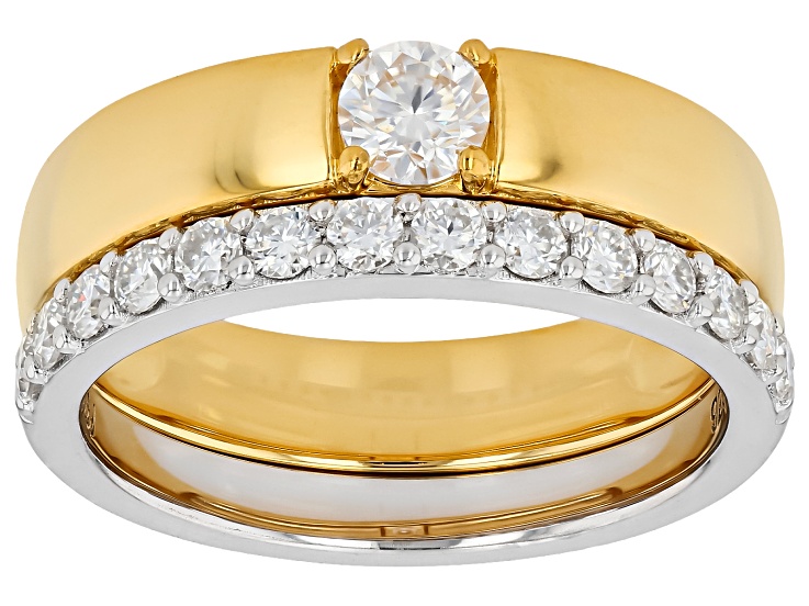 Moissanite Platineve and 14K Yellow Gold Over Silver Set of Two Rings 0.65ctw DEW
