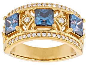 Blue And Colorless Moissanite 14K Yellow Gold Over Silver Ring 2.86ctw DEW