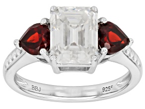 Moissanite and Red Garnet Platineve Three Stone Ring 2.52ct DEW.