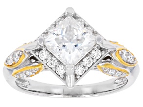 Moissanite Platineve And 14k Yellow Gold Over Silver Halo Ring 1.60ctw DEW.