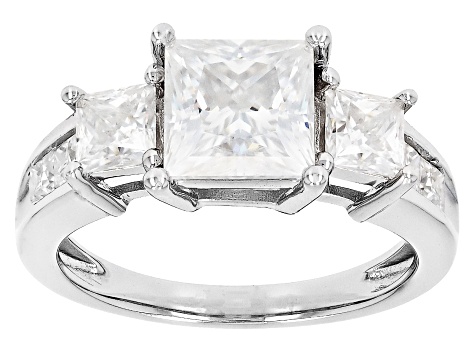 Moissanite Platineve Three Stone Ring 2.94ctw Dew