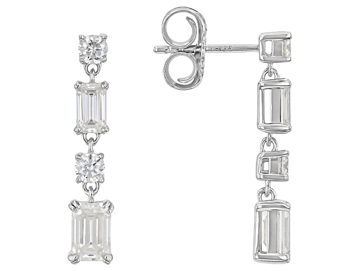 Emerald Cut And Round Moissanite Platineve Earrings 2.10ctw DEW