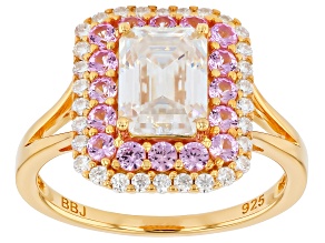Moissanite With Lab Created Pink Sapphire 14K Yellow Gold Over Silver Halo Ring 2.05ctw DEW