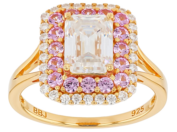 Moissanite With Lab Created Pink Sapphire 14K Yellow Gold Over Silver Halo Ring 2.05ctw DEW