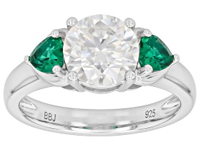 Moissanite and Lab Created Emerald Platineve Ring 1.90ct DEW