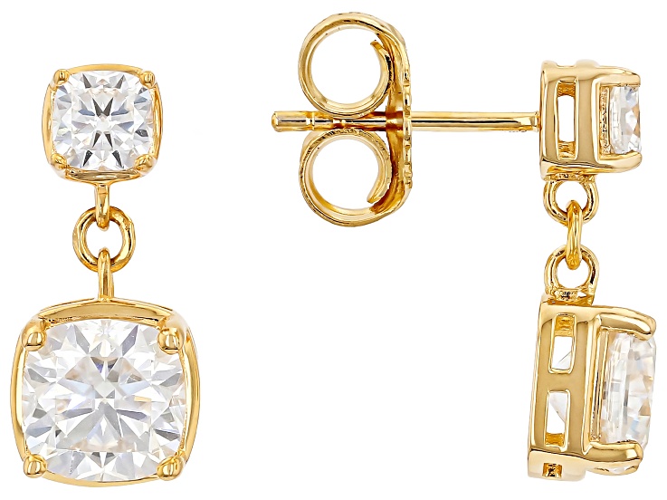 Square Cushion Moissanite 14k Yellow Gold Over Silver Two Stone Earrings 3.26ctw DEW