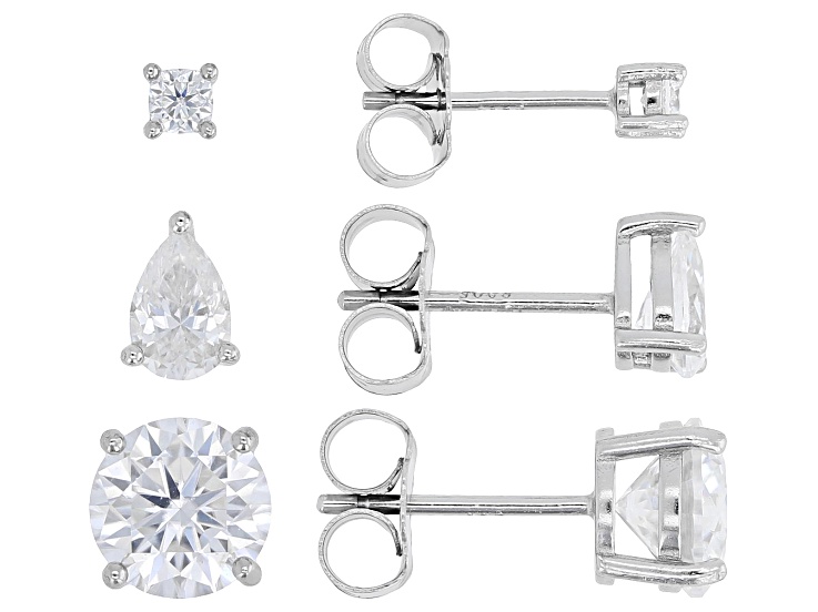 Moissanite Platineve Set Of Three Pairs Of Stud Earrings 3.44ctw DEW
