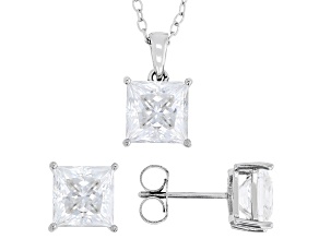 Square Princesss Moissanite Platineve Set Of Stud Earrings With Pendant And Chain 5.40ctw DEW
