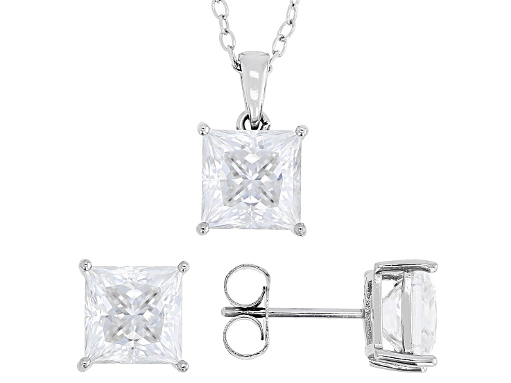 Square Princesss Moissanite Platineve Set Of Stud Earrings With Pendant And Chain 5.40ctw DEW