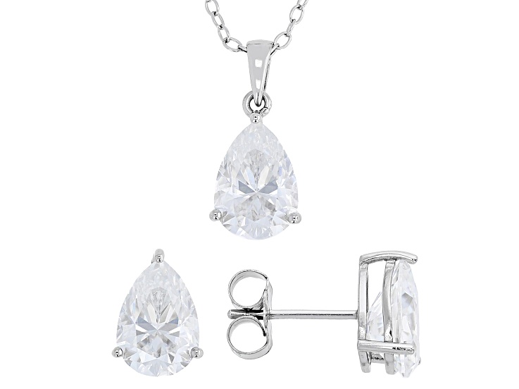 Pear Shape Moissanite Platineve Set Of Stud Earrings With Pendant And Chain 6.30ctw DEW