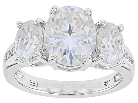 Moissanite Platineve Three Stone Ring 4.90ctw DEW.