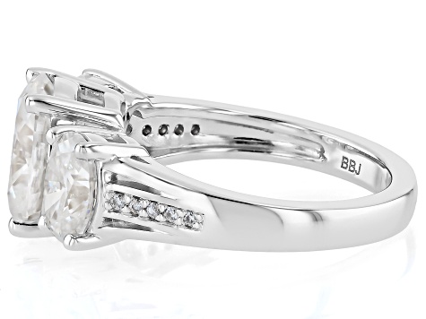 Moissanite Platineve Three Stone Ring 4.90ctw DEW.