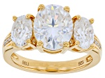 Moissanite 14k Yellow Gold Over Silver Three Stone Ring 4.90ctw DEW.