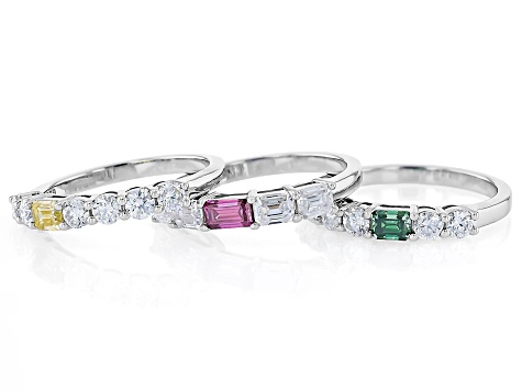 Yellow, Green, Pink And Colorless Moissanite Platineve Set of Three Rings 2.85ctw DEW