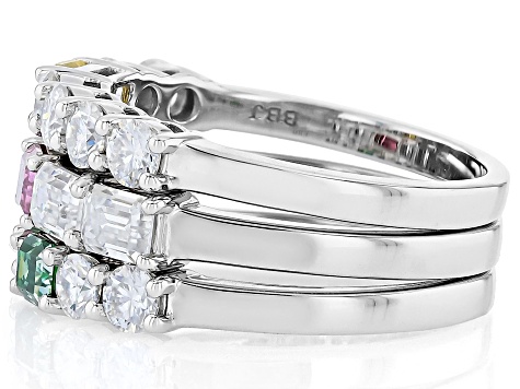 Yellow, Green, Pink And Colorless Moissanite Platineve Set of Three Rings 2.85ctw DEW