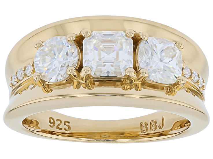 Square Asscher And Cushion With Round Moissanite 14K Yellow Gold Over Silver Ring 1.96ctw DEW