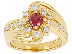 Red and Colorless Moissanite 14K Yellow Gold Over Silver Bypass Ring 0.90ctw DEW