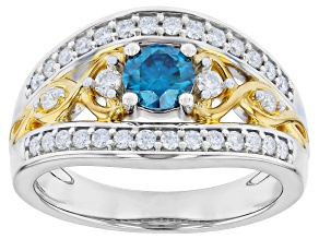 Blue And Colorless Moissanite Platineve and 14k Yellow Gold Over Silver Ring 0.88ctw DEW