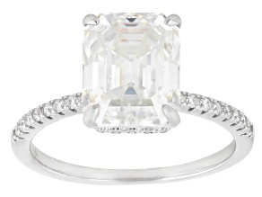 Emerald Cut And Round Moissanite Platineve Engagement Ring 4.01ctw DEW