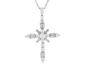Round And Baguette Moissanite Platineve Cross Pendant 2.11ctw DEW