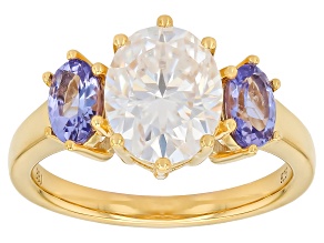 Moissanite And Tanzanite 14K Yellow Gold Over Sterling Silver Ring 3.00ct DEW