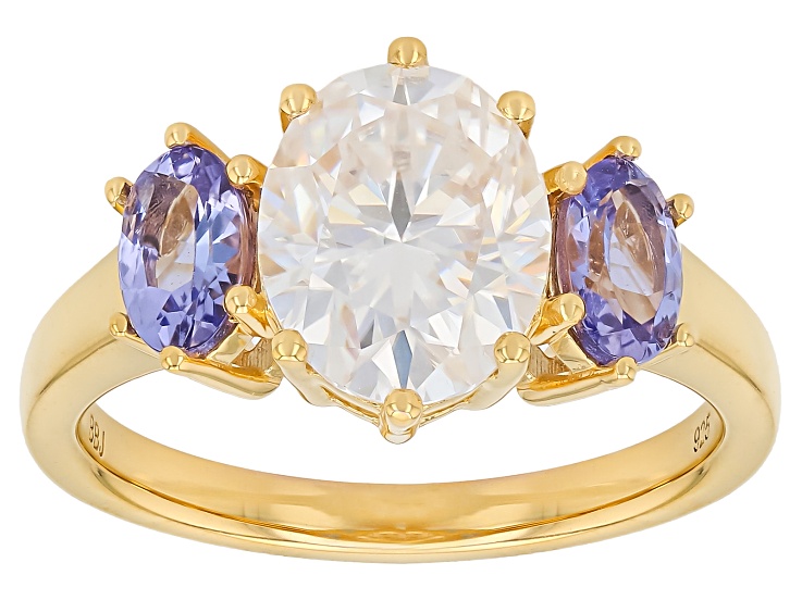 Moissanite And Tanzanite 14K Yellow Gold Over Sterling Silver Ring 3.00ct DEW