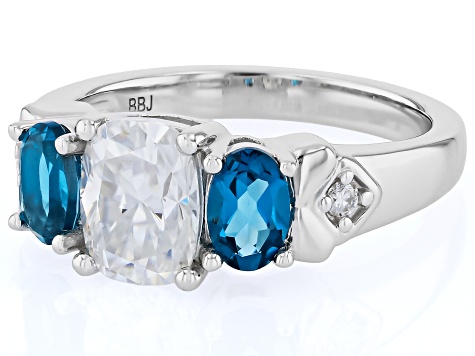 Cushion Cut And Round Moissanite With Oval London Blue Topaz