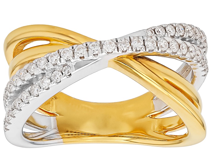 Moissanite 14K Yellow Gold Over Sterling Silver And Platineve Crossover Ring 0.43ctw DEW