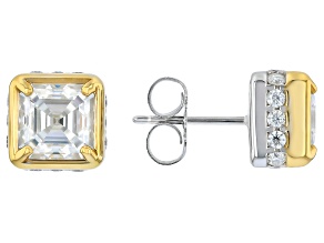 Asscher Cut And Round Moissanite Platineve and 14k Yellow Gold Over Silver Earrings 4.34ctw DEW.