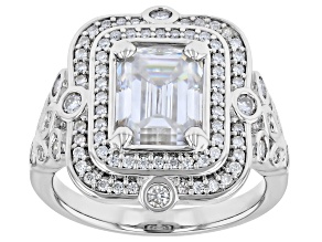 Emerald Cut And Round Moissanite Platineve Cocktail Ring 3.52ctw DEW.
