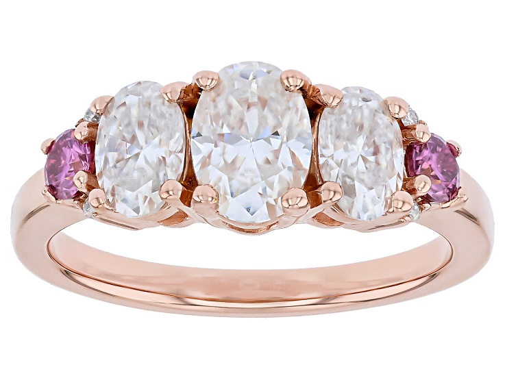Colorless and Pink Moissanite 14k Rose Gold Over Three Stone Silver Ring 2.10ctw DEW.