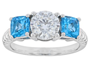 Moissanite and Swiss Blue Topaz Platineve Three Stone Ring 1.20ct DEW.