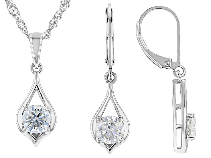 Moissanite Platineve Jewelry Set of Earrings and Pendant with Chain 2.40ctw DEW.