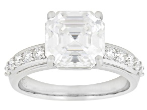 Asscher Cut And Round Moissanite Platineve Engagement Ring 4.28ctw DEW