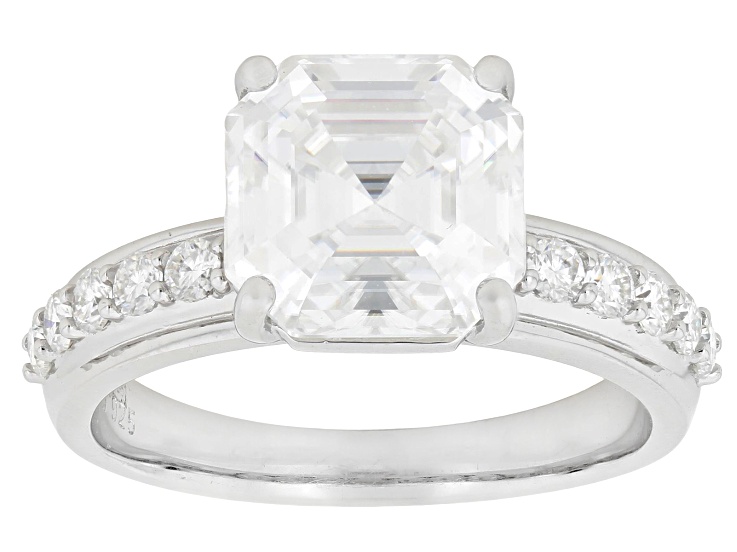 Asscher Cut And Round Moissanite Platineve Engagement Ring 4.28ctw DEW